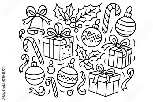 Christmas linear icon set. featuring gift, ornament, bell, candy cane, and holly symbols