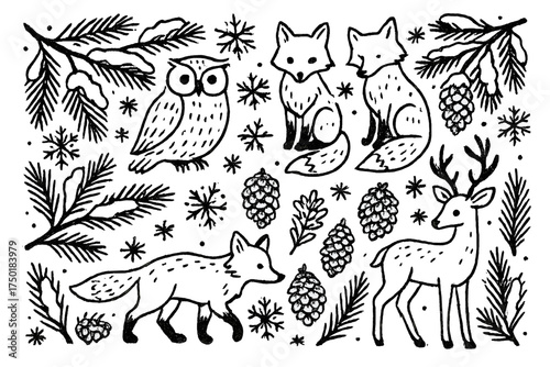 Forest animals silhouette icon set. featuring deer, fox, owl, pinecones, and branches
