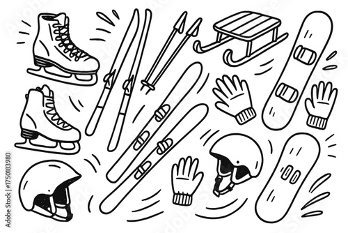 Winter sports linear icon set. featuring skates, skis, sled, snowboard, gloves, and helmet designs