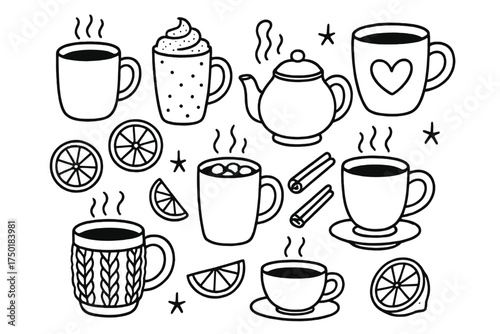 Cozy beverage linear icon set. featuring coffee, tea, hot chocolate, teapot, lemon, cinnamon, and cup symbols