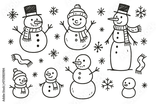 Winter silhouette icons set. featuring snowman, snowflake, scarf, and hat symbols