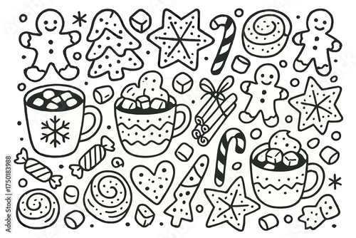 Holiday treats linear icon set. featuring gingerbread, candy cane, mug, stars, christmas trees, and sweets