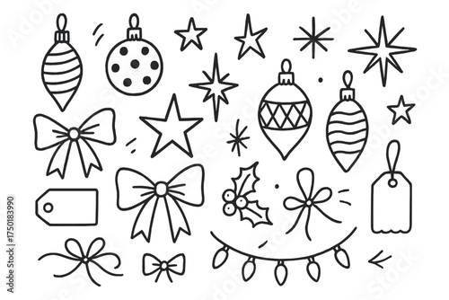 Christmas decorations linear icon set. featuring ornaments, bows, stars, holly, and tags