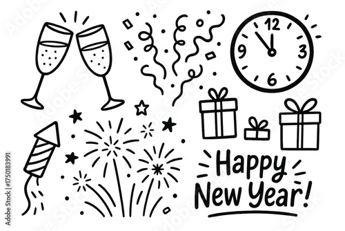 New year celebration silhouette icon set. featuring champagne, confetti, clock, gifts, fireworks, and new year text