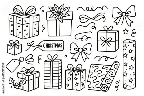 Christmas gifts linear icon set. featuring presents, ribbons, tags, stars, and holly symbols