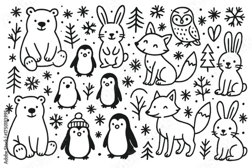 Woodland animals flat icon set. featuring bear, owl, fox, rabbit, and penguin symbols
