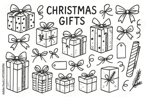 Christmas gifts silhouette icon set. featuring presents, bows, tags, and wrapping symbols