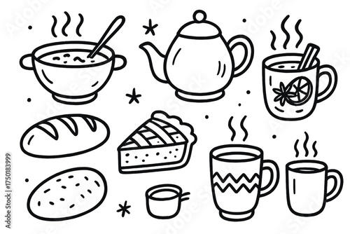 Food and drink linear icon set. featuring soup, tea, coffee, bread, pie, and mug symbols