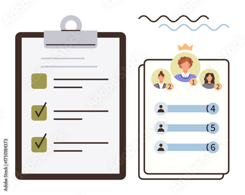 Task checklist with marked items and leaderboard featuring ranked profiles. Ideal for productivity, workflow, task management, leadership, goal setting, teamwork, simple flat metaphor