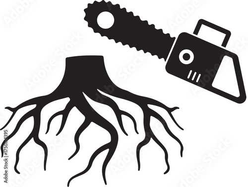 Deforestation concept with a chainsaw and roots