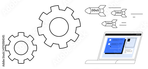 Gears and laptop under DDoS rocket attack representing system vulnerability, cyber dangers, and business disruption. Ideal for cybersecurity, technology, risk, defense, warning, awareness simple