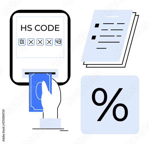 Hand inserting cash below HS code panel, papers with text, percentage symbol in square. Ideal for taxation, customs, tariff calculation, trade compliance, finance, regulations simple flat metaphor