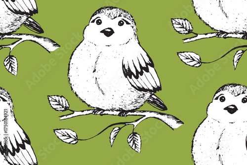 Seamless pattern with funny birds, flowers, leaves. Flat vector illustration with cartoon bird silhouette. Cute characters. Design for invitation, poster, card, textile, fabric.