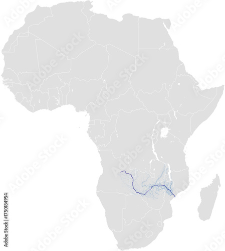 Zambezi river system – rivers vector map of Africa highlighting main stem, primary and secondary tributaries (AEA, scaled by river size, PPT-compatible, multi-layered & fully editable)