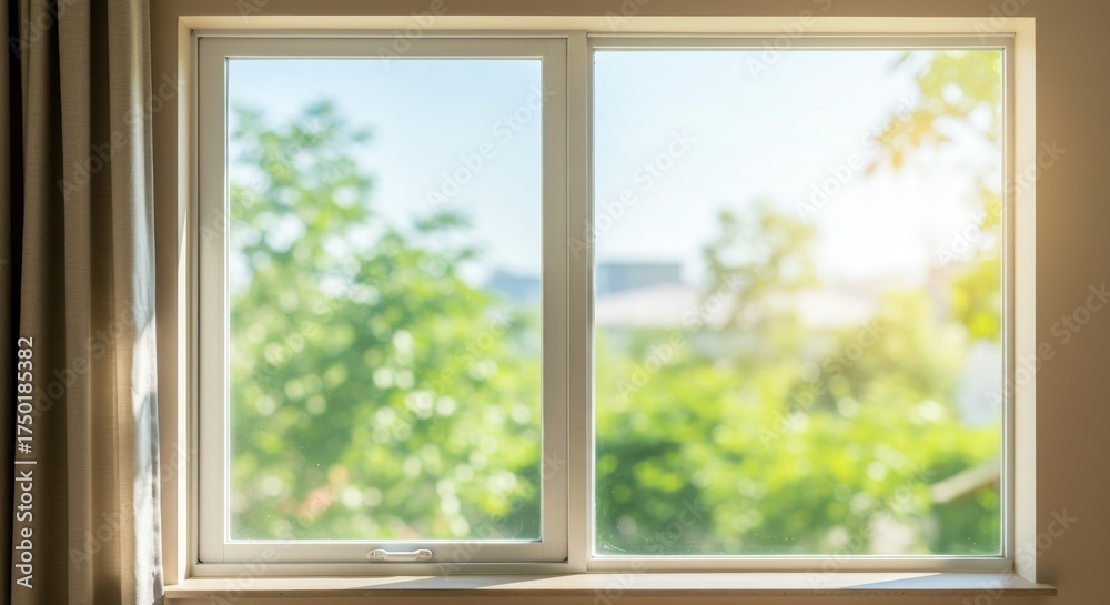 Naklejka premium Daylight shining through a clean window into a room with curtains