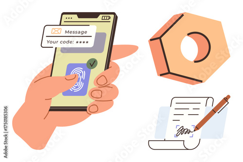 Hand holding a phone with fingerprint scanner and verification code. Orange hexagon and signed document. Ideal for cybersecurity, authentication, verification, consent, digital access, contracts