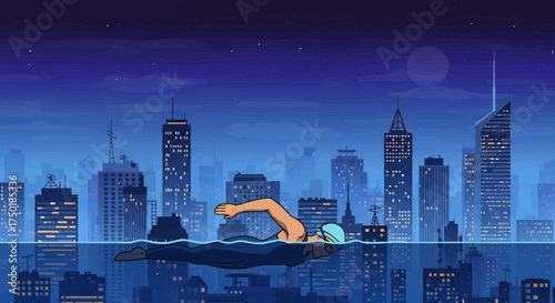 Nighttime aquatic scene featuring a swimmer set against a city skyline backdrop