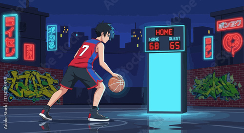 Animated Basketball Player Dribbling in Urban Court with Graffiti and Neon Signs