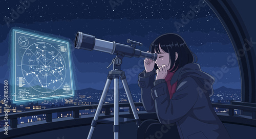 A young astronomer observing constellations through a telescope on a rooftop observatory