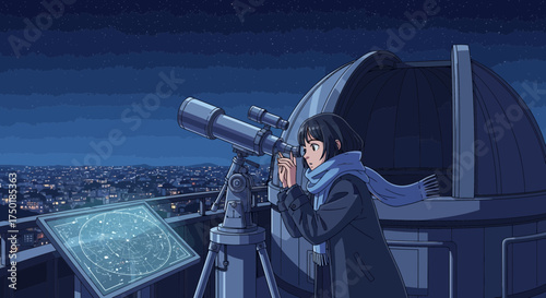 Anime observatory scene depicting celestial exploration and discovery with a telescope
