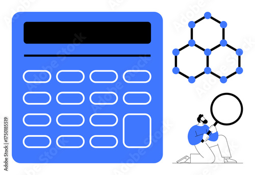Blue calculator, molecule structure, and scientist examining with magnifying glass. Ideal for science, analysis, education, research, innovation problem-solving and technology concepts. Simple flat