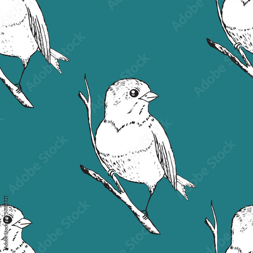 Seamless pattern with funny birds, flowers, leaves. Flat vector illustration with cartoon bird silhouette. Cute characters. Design for invitation, poster, card, textile, fabric.