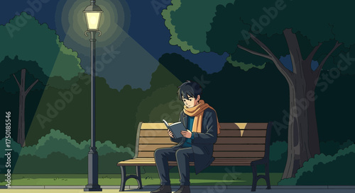Illustrated serene night scene featuring a reader on a park bench beneath a streetlight