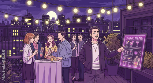 Rooftop party illustration with cocktails, city lights and convivial group