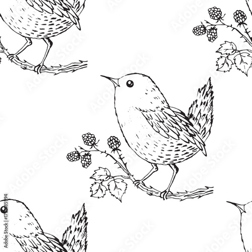 Seamless pattern with funny redbreast birds, flowers, leaves. Flat vector illustration with cartoon bird silhouette. Cute characters. Design for invitation, poster, card, textile, fabric.