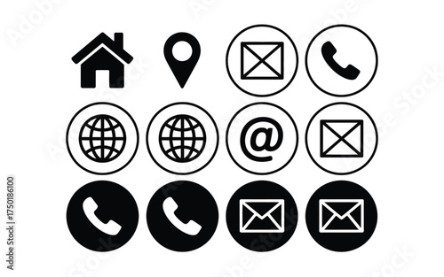 Collection of black and white contact icons for business and communication