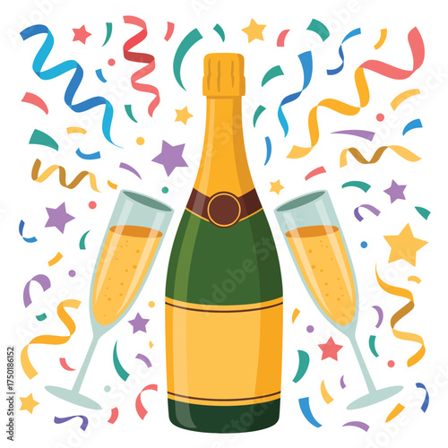 Champagne bottle and two glasses with confetti and streamers celebration