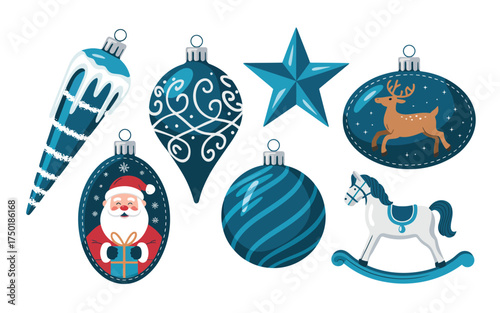 Collection of blue christmas ornaments with festive designs