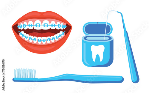 Dental hygiene tools and open mouth with braces illustration