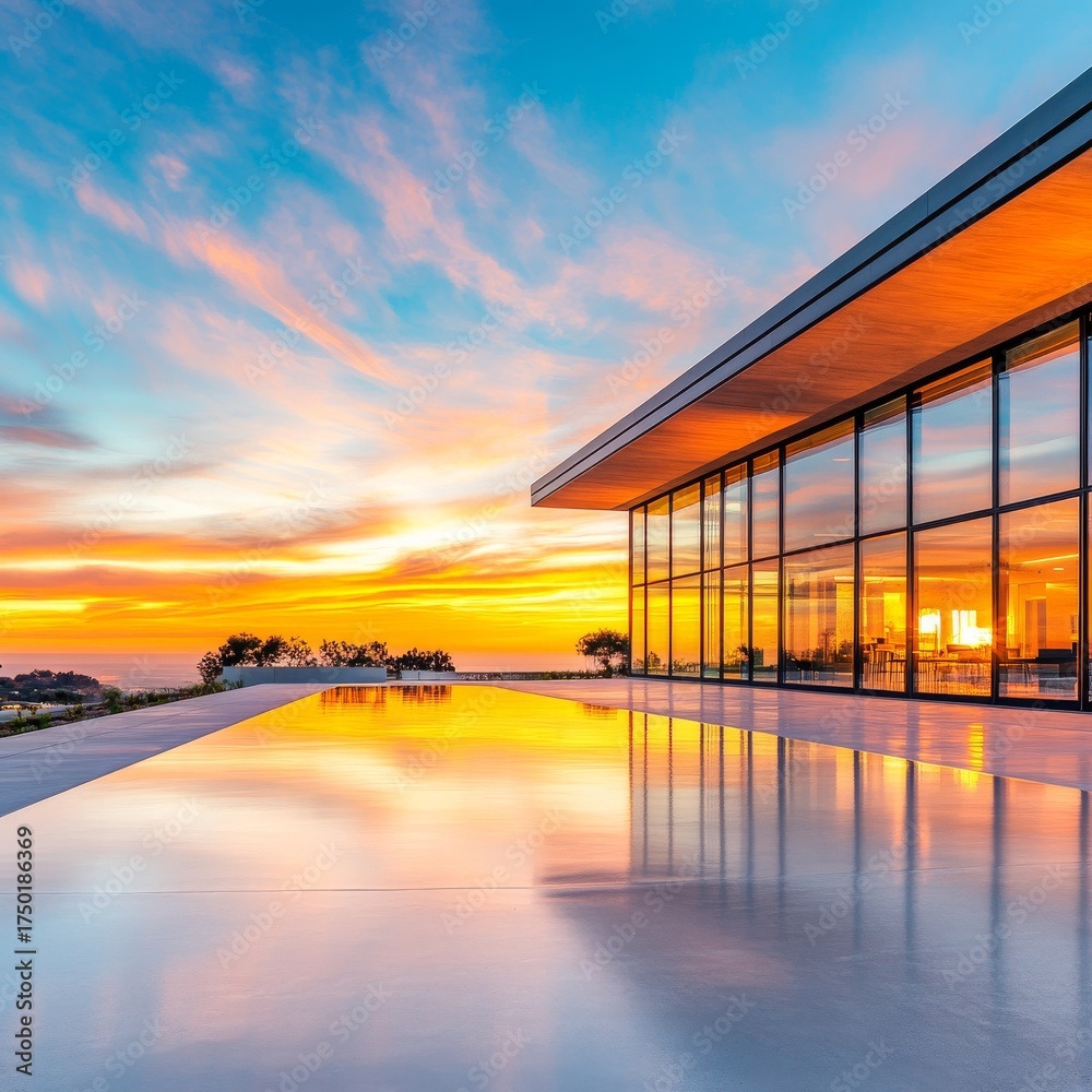 Fototapeta premium Modern Architecture and Infinity Pool Reflecting a Vibrant Sunset, Minimalism , Luxury
