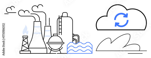 Smoke-emitting industrial plant with tanks, towers, water, and a cloud refresh icon signifying sustainability and clean energy. Ideal for industry, ecology, sustainability, innovation, green energy