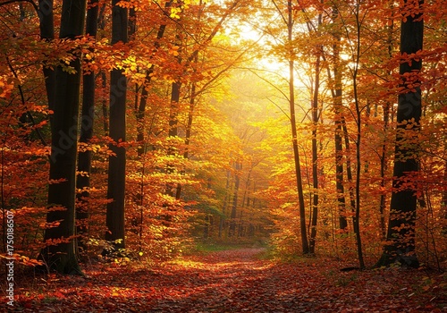 A breathtaking autumn forest scene bathed in golden sunlight, showcasing a rich tapestry of red, orange, and yellow leaves ,sunlight ,scenic ,yellow