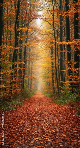 A tranquil forest path carpeted with vibrant autumn leaves, illuminated by soft, dappled sunlight. Nature's quiet beauty unfolds ,fall ,natural ,picturesque
