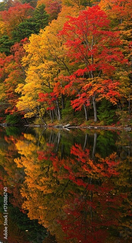 Vibrant autumn foliage mirroring perfectly in still lake water, creating a breathtaking, tranquil, and colorful natural scene ,beautiful ,tree ,leaves