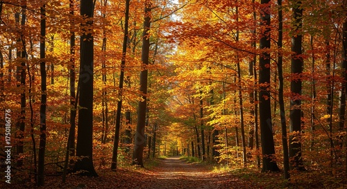 Vibrant fall foliage illuminates a tranquil forest, with sunlight filtering through golden and red leaves. A serene, colorful woodland scene ,outdoors ,peaceful ,beauty