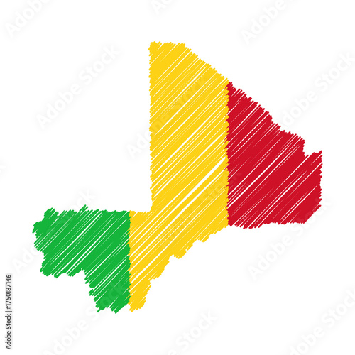 Mali maps color hand drawn sketch. Vector concept illustration flag, scribble map. Country map for infographic, brochures and presentations isolated on white background. Vector illustration