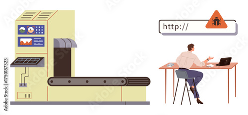 Factory machine with control panel and conveyor belt beside seated worker receiving malware alert on laptop. Ideal for cybersecurity, automation risks, industrial safety, digital threats, data