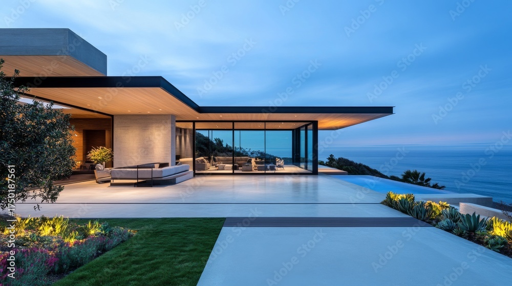 Fototapeta premium Modern Oceanview Home Infinity Pool, Evening Light ,Architecture ,Luxury Homes