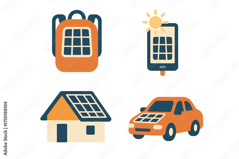 Fototapeta premium Solar energy silhouette icon set. featuring backpack, smartphone, house, and car with solar panels