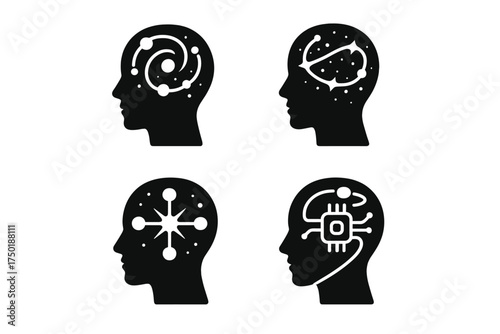 Technology and mind silhouette icon set. featuring galaxy, neural network, orbit, and ai symbols