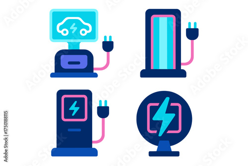 Electric vehicle charging flat icon set. featuring charger, outlet, socket, plug, and station symbols