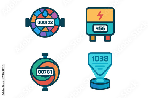 Electricity usage flat icon set. featuring meter, energy, counter, reading, digital, and consumption symbols