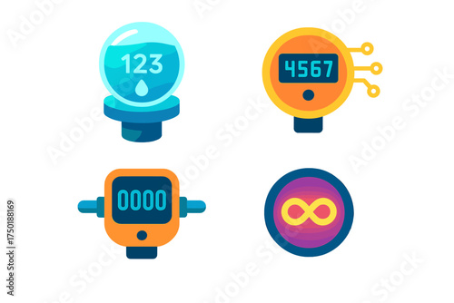 Science and technology flat icons set. featuring variables, numerical display, counter, and infinity symbols