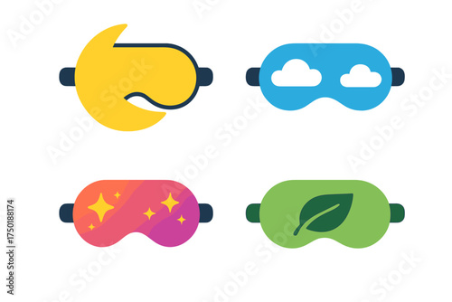 Sleep masks flat icon set. featuring moon, clouds, stars, leaf, and comfort symbols