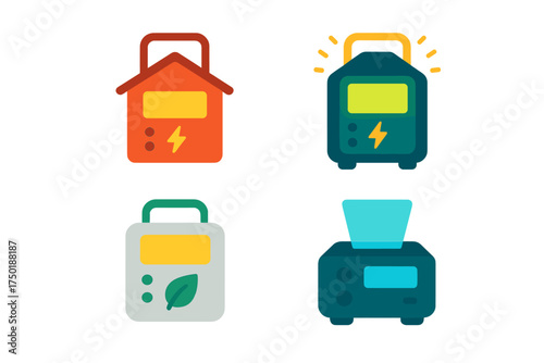 Home appliances silhouette icon set. featuring energy meter, generator, eco device, and printer symbols