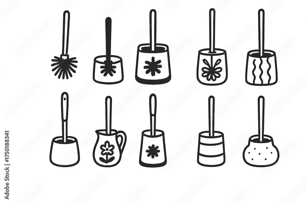Naklejka premium Bathroom cleaning silhouette icon set. featuring brush, scrubber, mop, plunger, and broom symbols